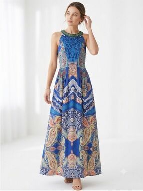 Anthropologie Ranna Gill Boteh Blue Paisley Embellished Halter
Maxi Dress Size O
